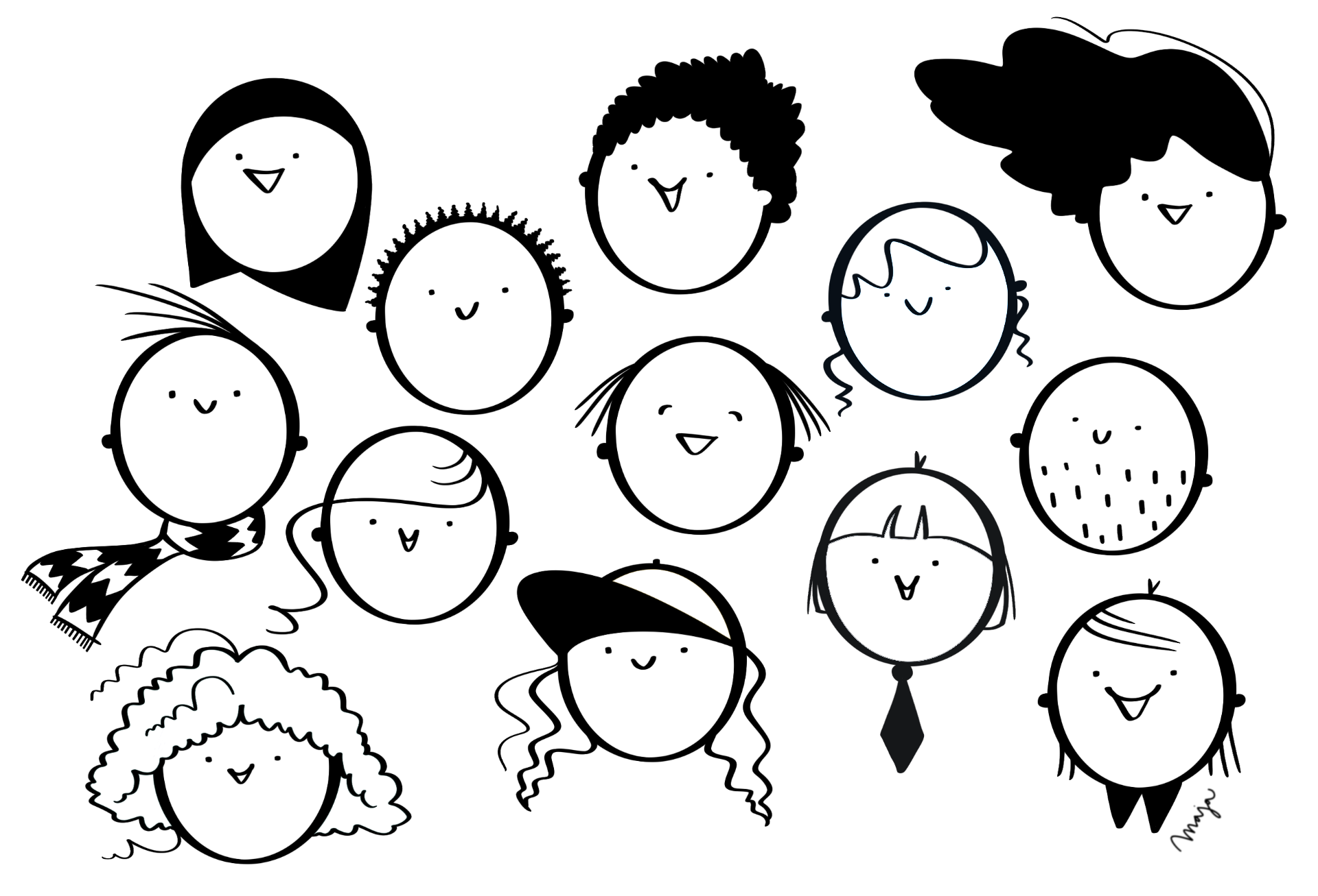 Glada tecknade gubbar av Maja på Näset